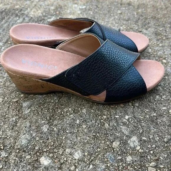 Vionic Leticia Black Leather Lizard Criss Cross Sandal Arch Wedge Women’s Sz 6 - Picture 2 of 8